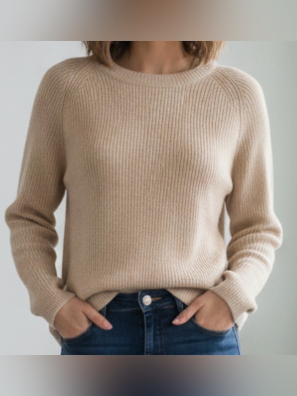 Tahari Heathered Oatmeal Beige Ribbed Crewneck Sweater Long Sleeve  Large
